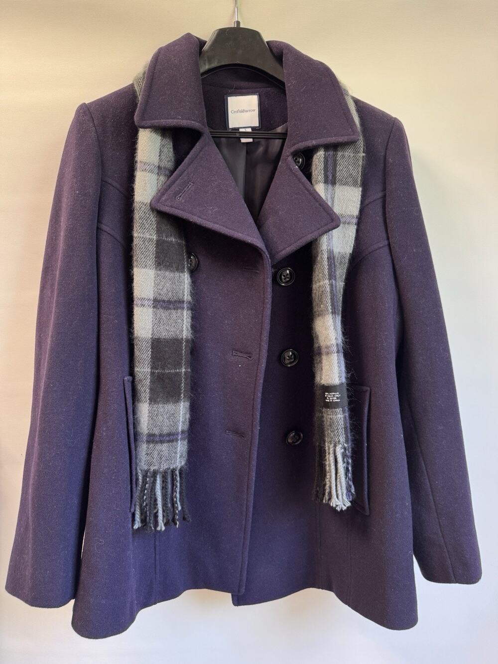 Croft & Barrow Women’s Peacoat Size L Purple Wool Blend Coat w/ Plaid Scarf